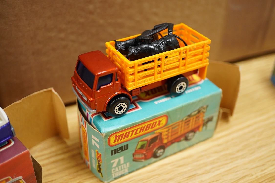 Twelve boxed Matchbox Superfast and Rola-matics 1-75 vehicles; Seafire (5), VW Golf (7), the Londoner bus (17), refuse truck (36), zoo truck (35), camper (38), horsebox (40), police launch (52), airport coach (65), S-P G
